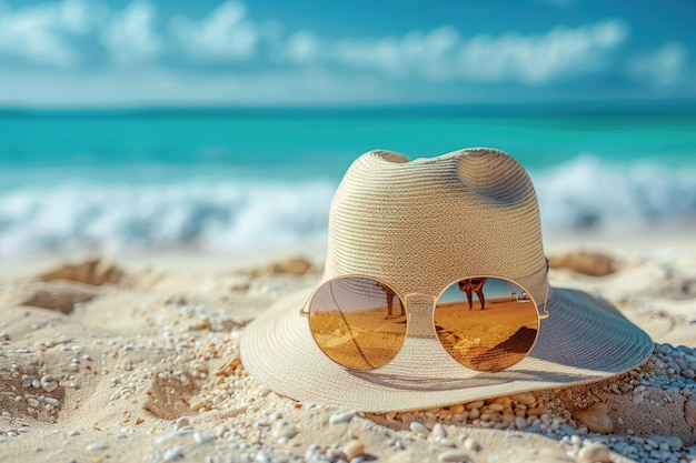 Os acessórios para os viajantes relaxarem estão dispostos na areia branca da praia com vista para o mar