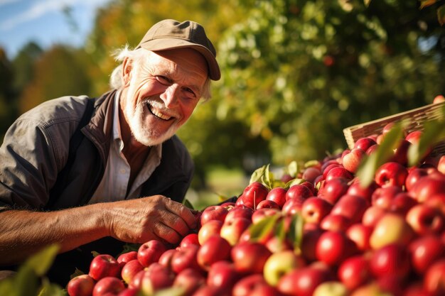 Os agricultores coletam maçãs recém-colhidas