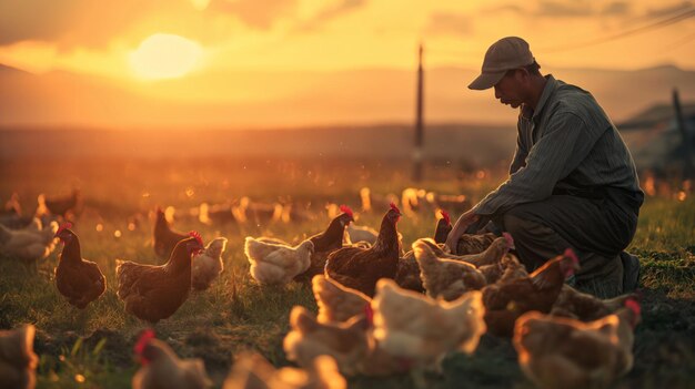 Os agricultores estão em meio a um campo movimentado cheio de galinhas satisfeitas que personificam a dedicação à agricultura e à pecuária