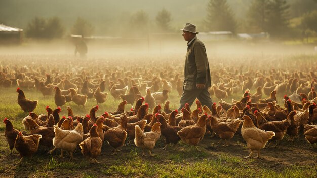 Os agricultores estão em meio a um campo movimentado cheio de galinhas satisfeitas que personificam a dedicação à agricultura e à pecuária