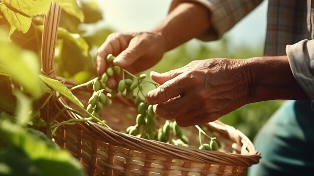 Foto os agricultores recolhem à mão a colheita de feijão no jardim trabalho de plantação colheita de outono uma ia gerativa