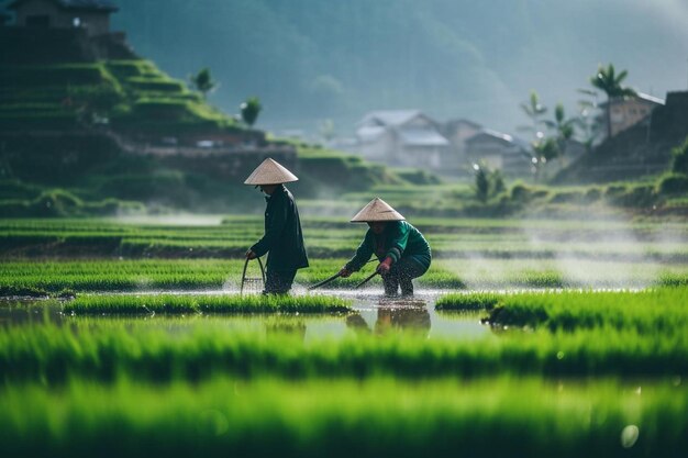 Os agricultores trabalham no campo agrícola e no jardim