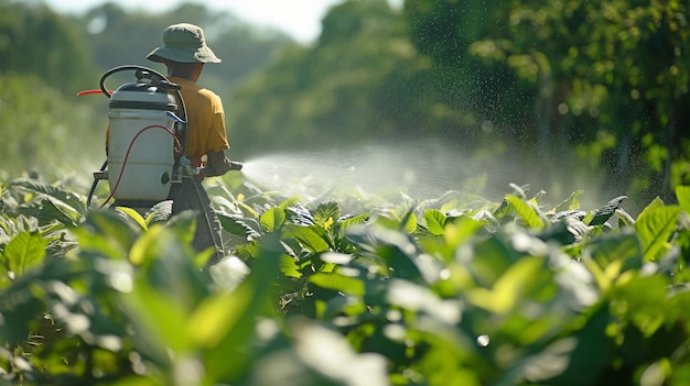 Os agricultores usam um motor de pulverização nas costas para aplicar uma mistura de inseticida e água às árvores de tabaco