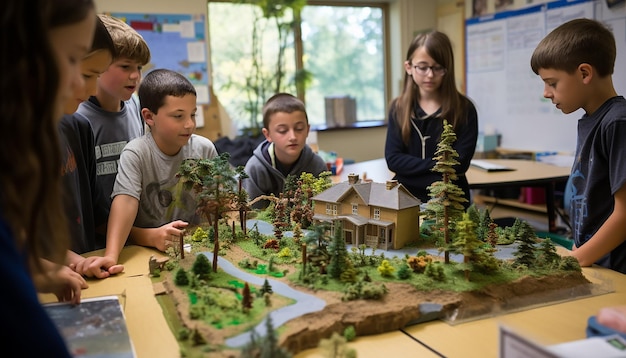 Foto os alunos das aulas ambientais das escolas primárias estão a aprender sobre a protecção do ambiente