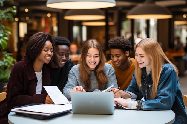 Os alunos estão sentados em uma mesa e um deles está olhando para um laptop.