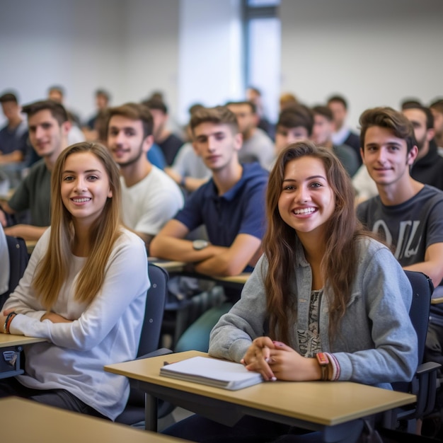 Os alunos sentam-se na sala de aula com uma cara feliz e divertida