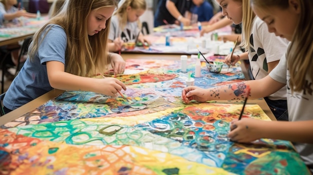 Os alunos trabalham em uma pintura em uma sala de aula.