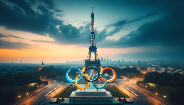 Foto os anéis olímpicos brilham em primeiro plano com a torre eiffel iluminada contra o céu noturno para os jogos de paris 2024
