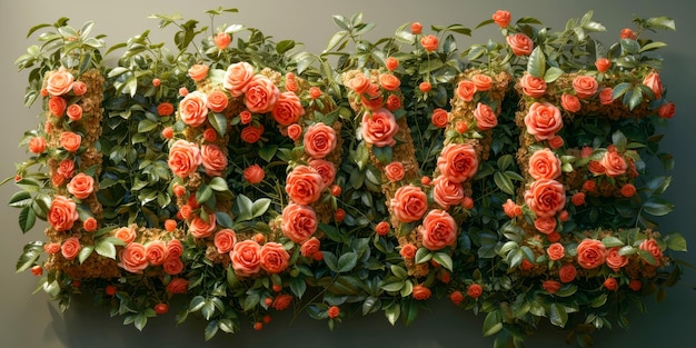 Os arbustos de rosas cuidadosamente podados formam a palavra AMOR uma exibição horticultural de afeto e beleza natural