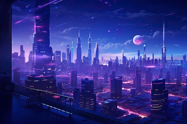 Os arranha-céus brilhantes iluminam a paisagem urbana futurista à noite