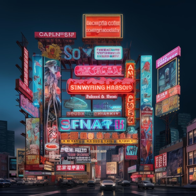 Os arranha-céus brilhantes Um cartaz de neon da cidade ilumina a publicidade urbana