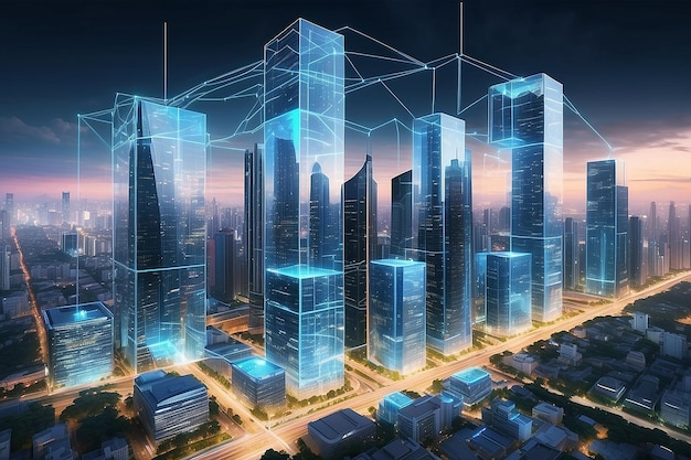 Os arranha-céus da cidade de Cingapura, vista panorâmica do centro da cidade, interface digital com conexão de linha com cubos em primeiro plano, conceito de comércio em megapolis modernas.