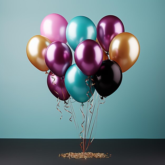 Os balões estão no ar com um monte de ouro e púrpura generativo ai