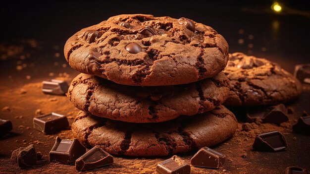 Os biscoitos de chocolate estão empilhados um em cima do outro.