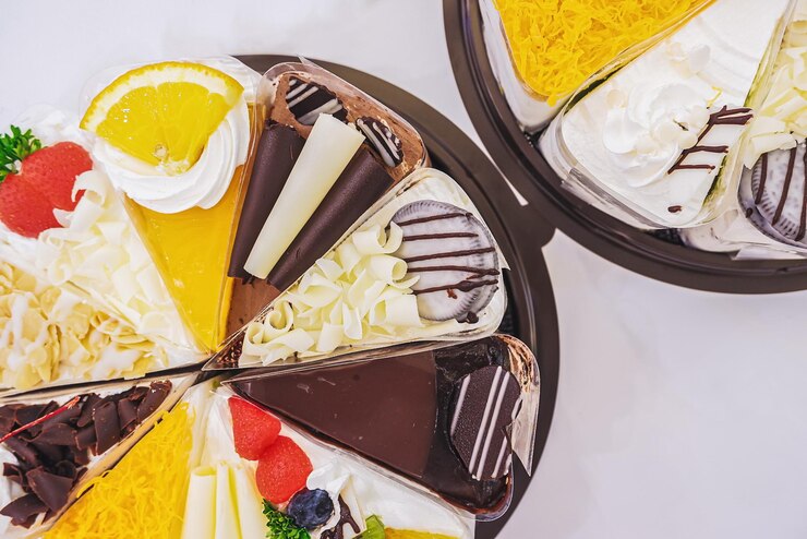 Foto os bolos de leite fresco e uma variedade de frutas que são lindamente decorados parecem atraentes