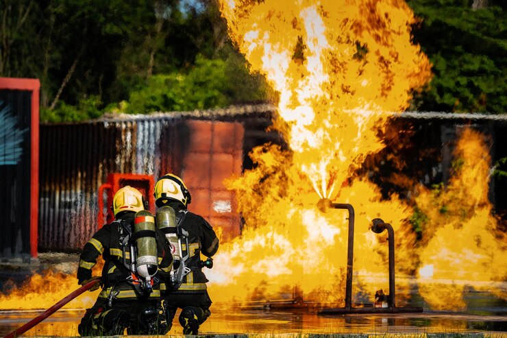 Foto os bombeiros estão realizando exercícios de incêndio pulverizando água para apagar o fogo furioso