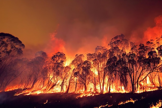 Os bombeiros lutam contra um incêndio florestal