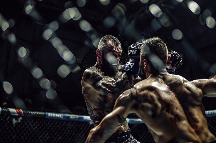Foto os boxeadores de mma lutam em combates sem regras no octógono do ringue