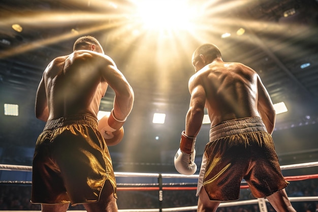 Os boxeadores lutam enquanto a luz brilha ao seu redor com a IA generativa