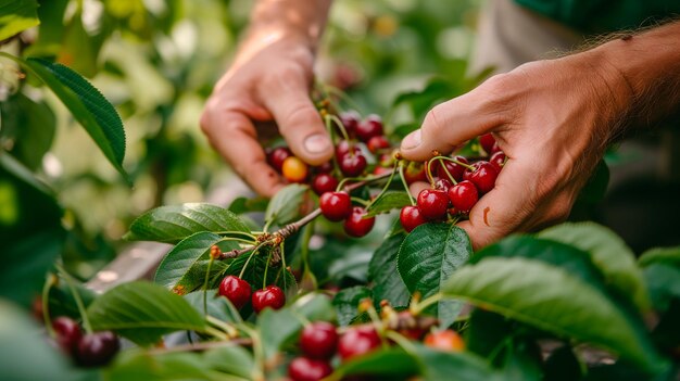 Os braços dos agricultores que trabalham na colheita de cerejas numa quinta sustentável Agricultura biológica