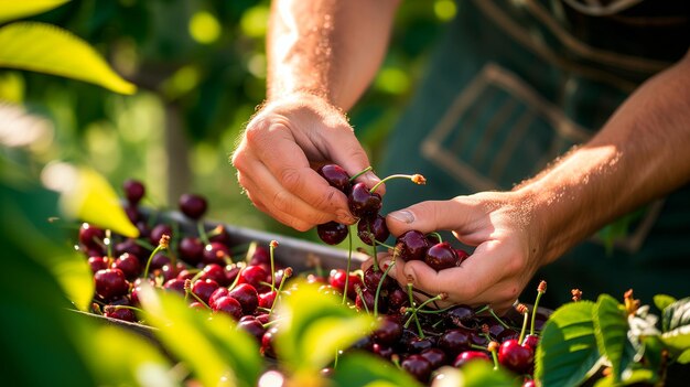 Os braços dos agricultores que trabalham na colheita de cerejas numa quinta sustentável Agricultura biológica