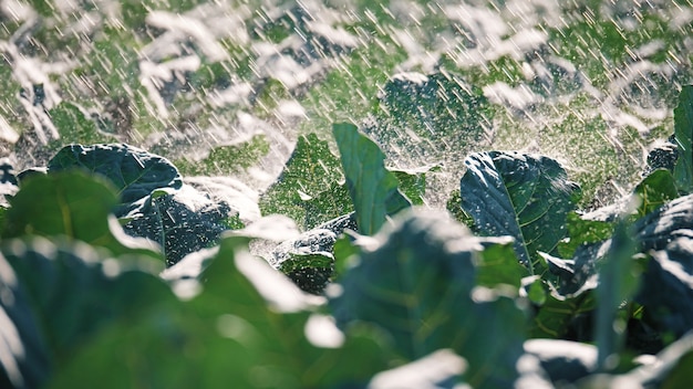 Os brotos verdes das mudas emergem do solo Sistema de irrigação de água no sol da manhã