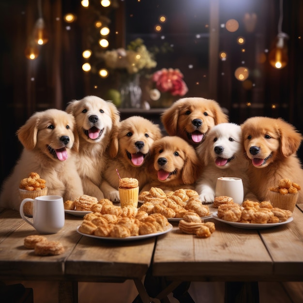 Os cachorros estão sentados numa mesa com um prato de biscoitos.