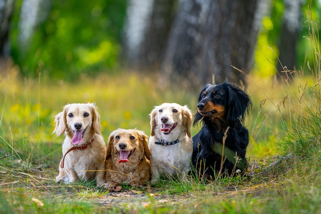 Os cães estão sentados na grama Fundo desfocado Animais de estimação fofos no jardim