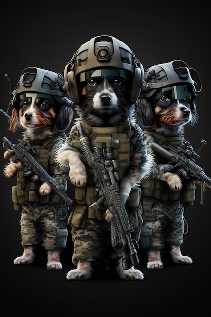 Os cães estão vestindo uniformes militares e capacetes segurando armas generativas ai