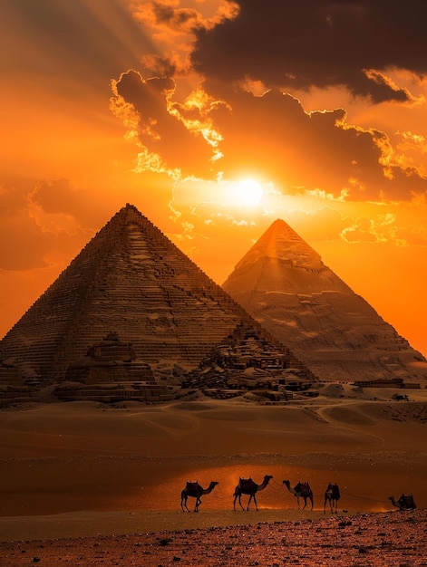 Foto os camelos pisam a poeira dourada de giza com o sol a lançar os seus últimos raios sobre as pirâmides, criando uma cena atemporal.