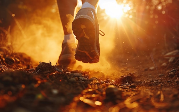 Os caminhantes, com botas empoeiradas, caminham ao longo de uma trilha acidentada, levantando uma pequena nuvem de poeira com o sol a pôr-se ao fundo, lançando um brilho dourado no caminho à frente.