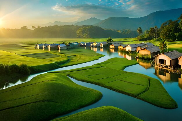 Os campos de arroz estão localizados nas montanhas.