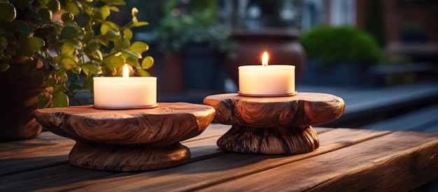 Os candeireiros de madeira estão em uma mesa ao ar livre