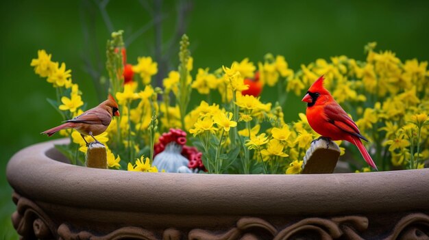 Os cardeais vermelhos ficam dentro de uma grande plantação com flores amarelas no chão