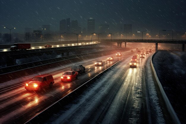 Os carros avançam enquanto a neve cobre a estrada.