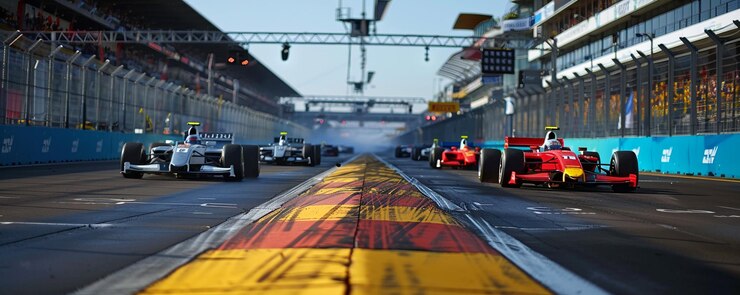 Foto os carros de fórmula 1 preparam-se para começar a corrida. câmera de alto ângulo da frente.