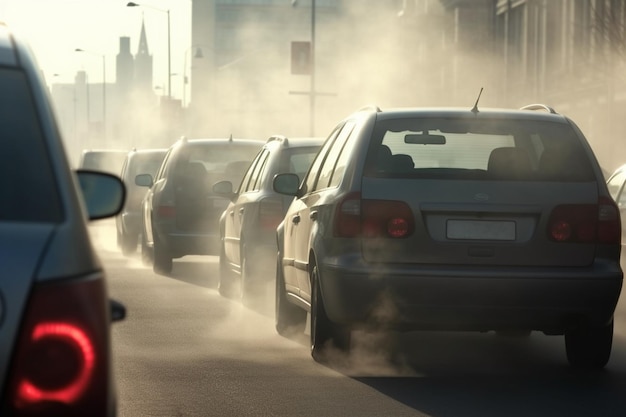 os carros estão dirigindo por uma rua movimentada com vapor subindo da traseira generative ai