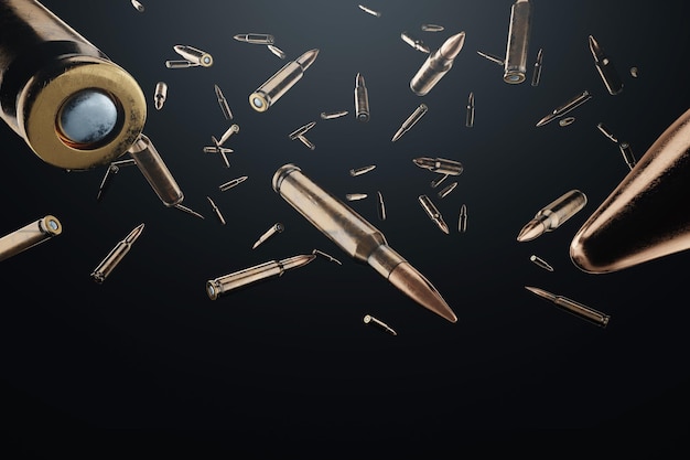 Foto os cartuchos de guerra e balas de inscrição em um fundo escuro o conceito de conflito armado conflito de combate de guerra cartuchos para um rifle ilustração 3d renderização 3d