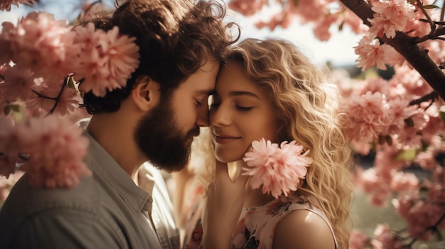 Os casais de paixão de verão abraçam-se cercados por flores deslumbrantes.