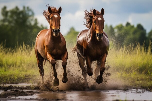 Os cavalos estão correndo na chuva com muitas nuvens