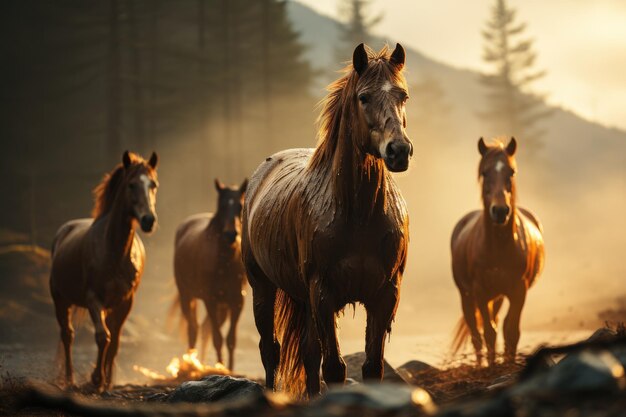 Os cavalos vivem uma vida de liberdade em amplos campos de grama gerados com IA