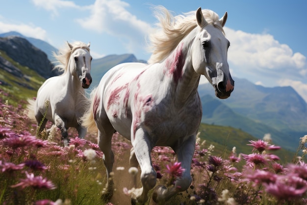 Os cavalos vivem uma vida de liberdade em amplos campos de grama gerados com IA