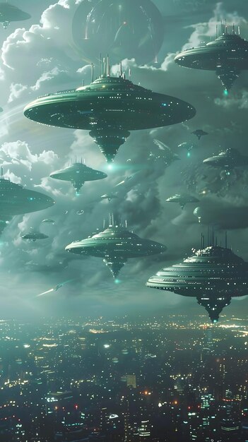Os céus de invasão alienígena cheios de naves estrangeiras.