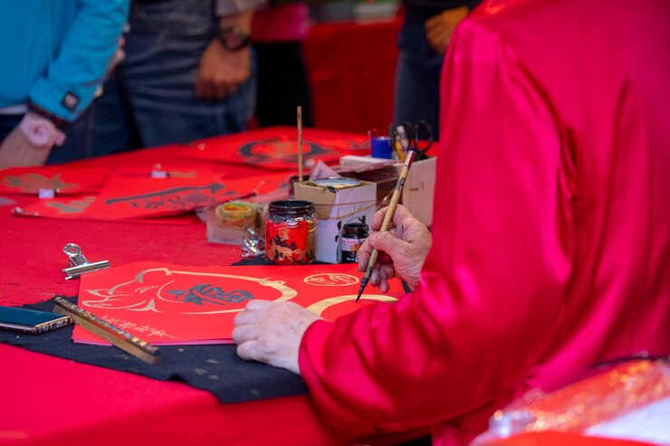 Os chineses vendem seus dísticos manuscritos do Festival da Primavera durante o Festival da Primavera