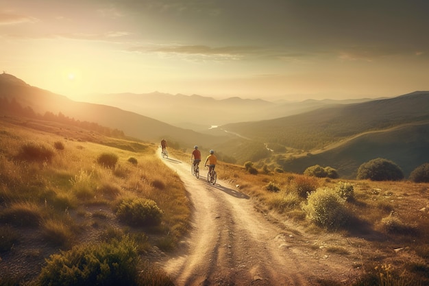 Os ciclistas do grupo viajam em um belo pôr do sol na estrada da montanha