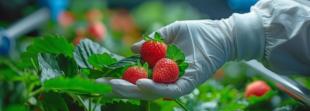 Os cientistas da fruta empregam a agricultura hidropônica em estufa com tecnologia sofisticada para rastrear o crescimento de morangos vegetais