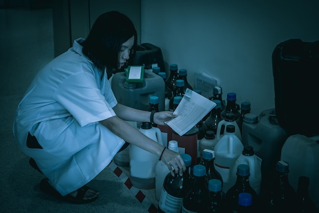Os cientistas verificam os produtos químicos perigosos usadosVerifique o recipiente de produtos químicos em uma zona preparada para armazenamento de substâncias perigosas