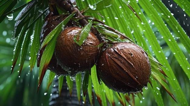 Os cocos estão em uma árvore na chuva