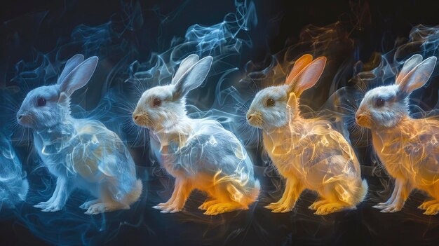 Foto os coelhos na primavera vêm em várias formas e tons de amarelo e azul escuro
