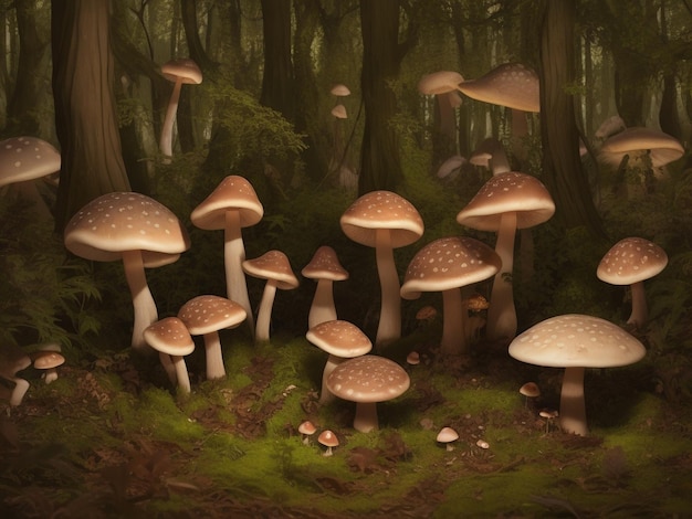 Os cogumelos na floresta à noite desfocam o fundo